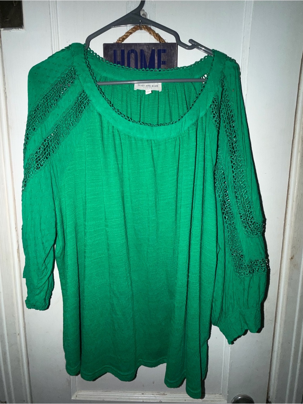 Skies Are Blue Emerald Green Crochet-Trim Peasant Blouse